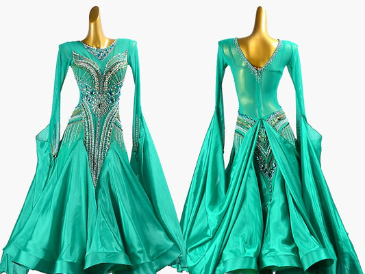 MINEJAS.PBG003 Pale green ballroom dress with mesh, crystals&beads