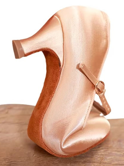 DRH-203 Women's Round Toe Ballroom Dance Soft Sole Practice Shoes for Tango & Waltz, Satin Upper, Wide Feet Friendly - Mine·Jas