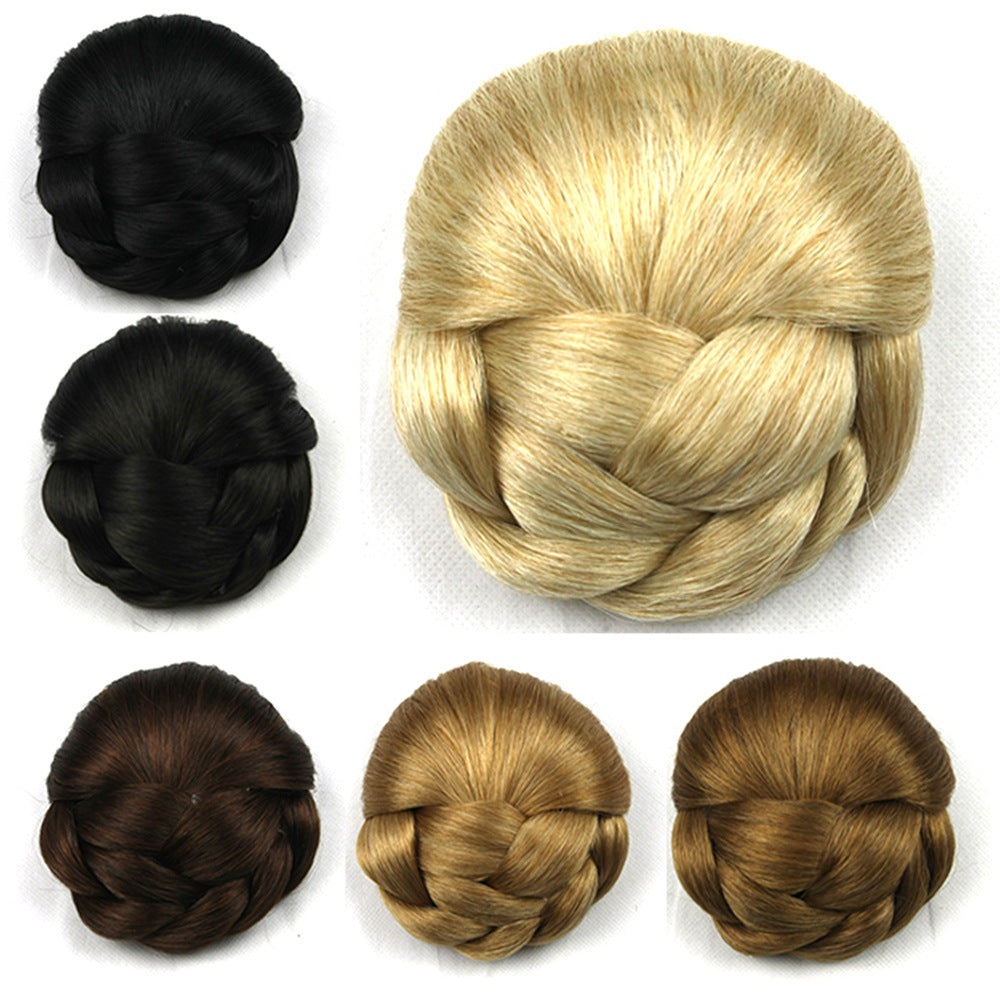 Collection of braided hair extensions in black, brown, and blonde on a white background