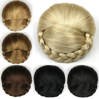 A collection of hair buns in various colors including blonde, brown, and black, showcasing different shades for personal selection.