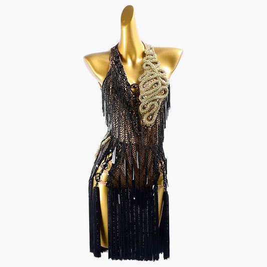 MINEJAS.PLBG010 Black Latin Dress with beads, sequins, and fringes