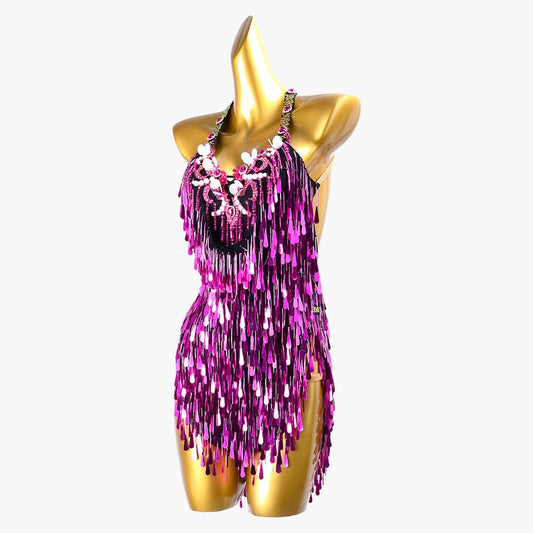 MINEJAS.PLPP008 Purple sleeveless Latin dress with sequins, bead fringes, beadings&crystals