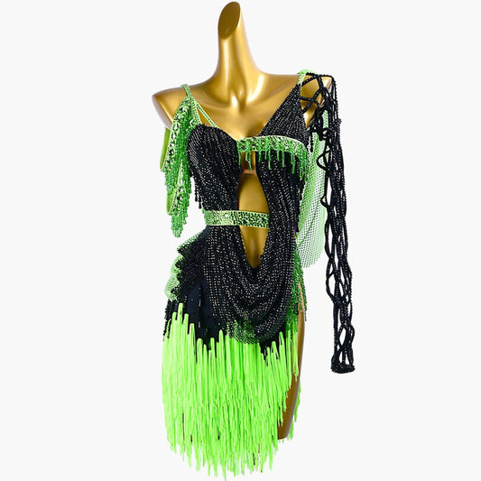 MINEJAS.PLBG013 Black sleeveless Latin dress with fringes, beadings&fishnet