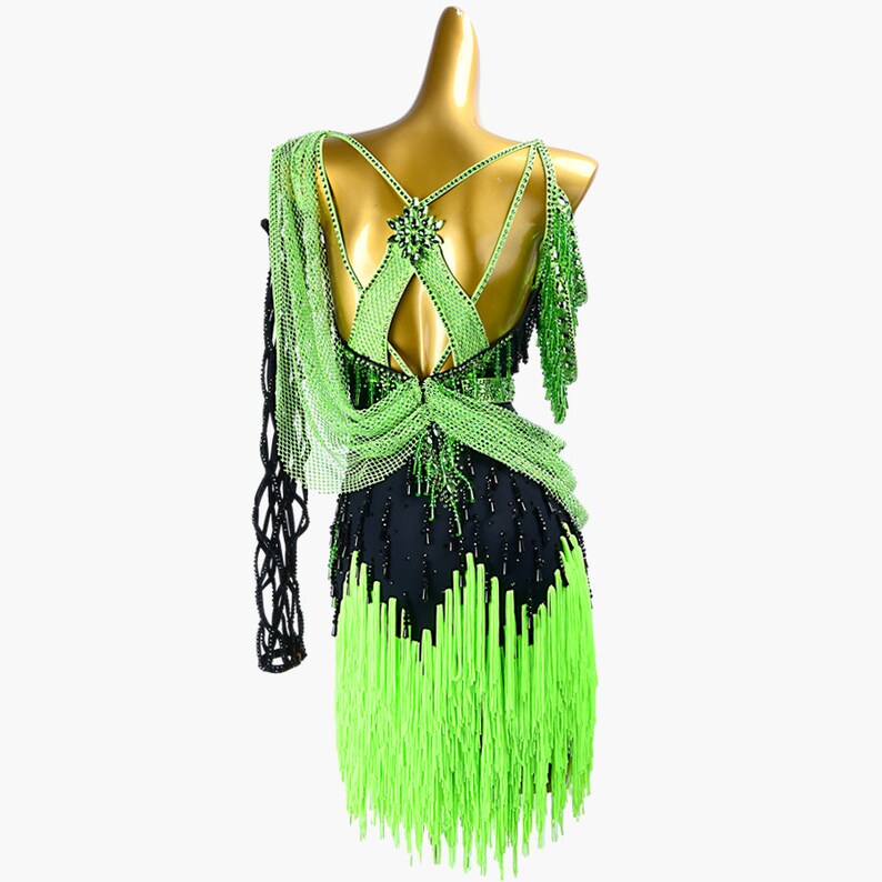 MINEJAS.PLBG013 Black sleeveless Latin dress with fringes, beadings&fishnet