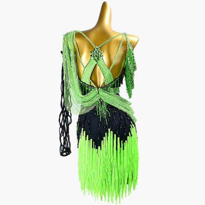 MINEJAS.PLBG013 Black sleeveless Latin dress with fringes, beadings&fishnet