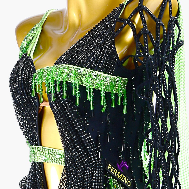 MINEJAS.PLBG013 Black sleeveless Latin dress with fringes, beadings&fishnet