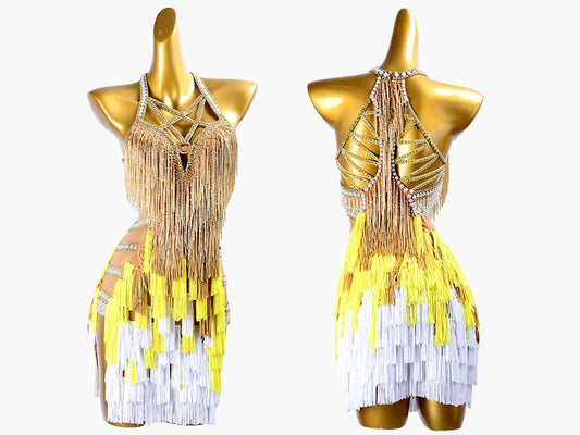 MINEJAS.PLYG009 Gold Latin dress with fringes, beaded fringes&beadings