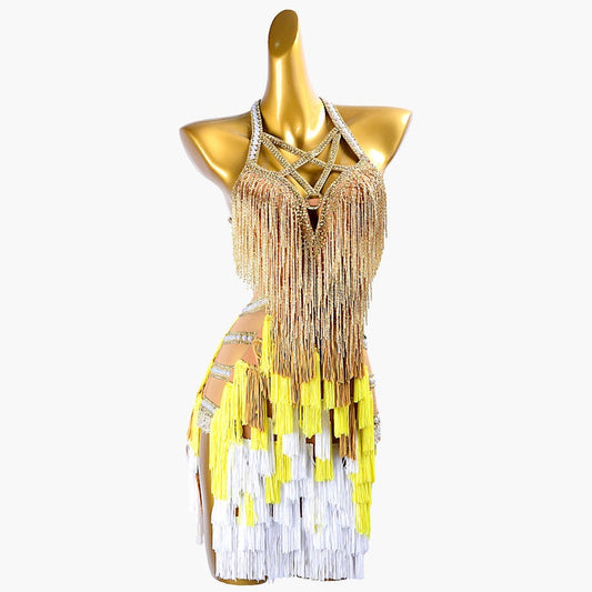 MINEJAS.PLYG009 Gold Latin dress with fringes, beaded fringes&beadings