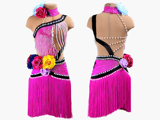 MINEJAS.PLPJ006 Magenta Rose sleeveless Kids Latin dress with beaded fringes, stoned strings, fringes, 3D flowers&crystals