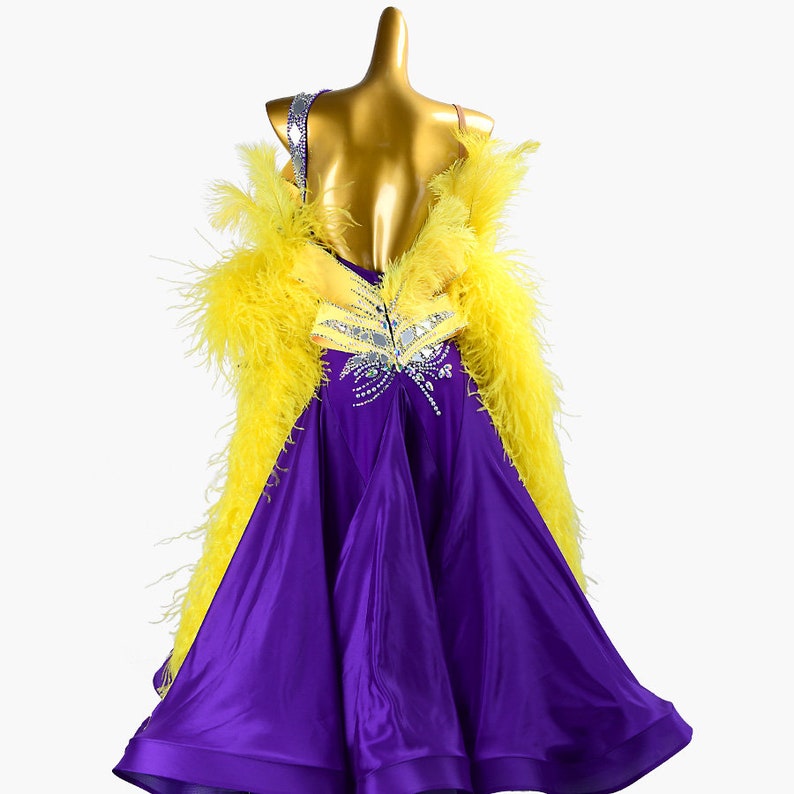 MINEJAS.PBPY004 Purple ballroom dress with Yellow ostrich feather, crystals, Sequins&satin