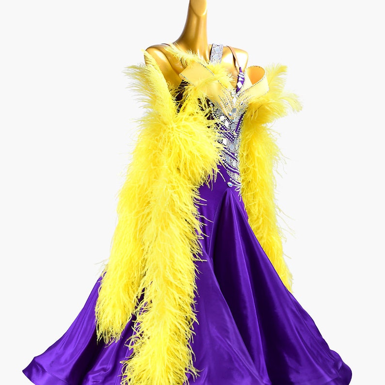 MINEJAS.PBPY004 Purple ballroom dress with Yellow ostrich feather, crystals, Sequins&satin