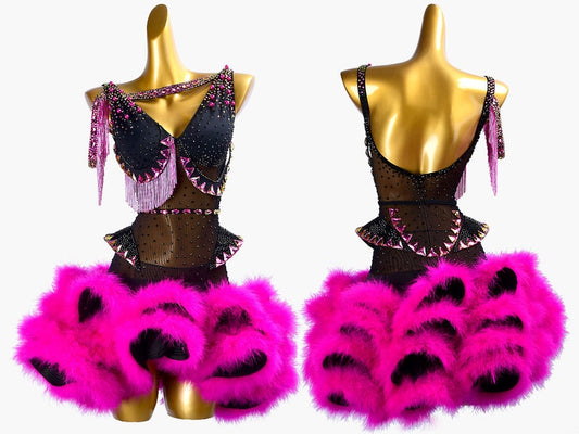MINEJAS.PLBP011 Black Latin dress with beaded fringes, mesh, deep pink naps&crystals