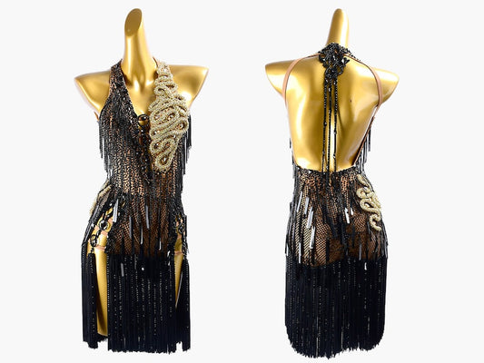 MINEJAS.PLBG010 Black Latin Dress with beads, sequins, and fringes