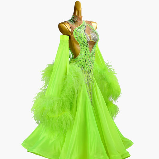 MINEJAS.PBG005 Bright green ballroom dress with nude mesh, ostrich feathers, stoned strings&satin