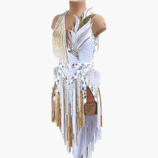 MINEJAS.PLWJ014 White sleeveless Kids Latin dress with beaded fringes, stone strings, tassels, 3D petalsfringe & crystals
