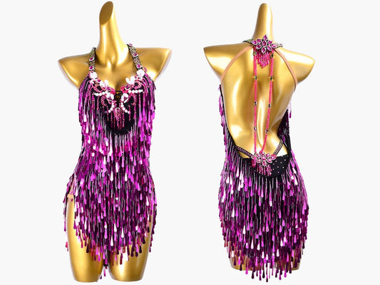 MINEJAS.PLPP008 Purple sleeveless Latin dress with sequins, bead fringes, beadings&crystals