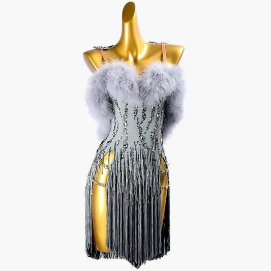 MINEJAS.PLG012 Cement ash Latin dress with beaded tubes, fringes, fox fur&crystals