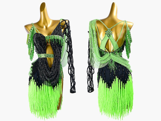 MINEJAS.PLBG013 Black sleeveless Latin dress with fringes, beadings&fishnet