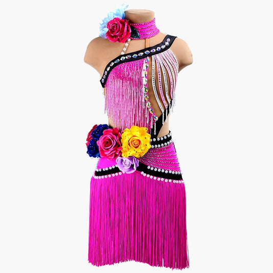 MINEJAS.PLPJ006 Magenta Rose sleeveless Kids Latin dress with beaded fringes, stoned strings, fringes, 3D flowers&crystals