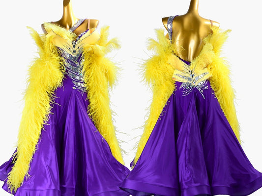 MINEJAS.PBPY004 Purple ballroom dress with Yellow ostrich feather, crystals, Sequins&satin