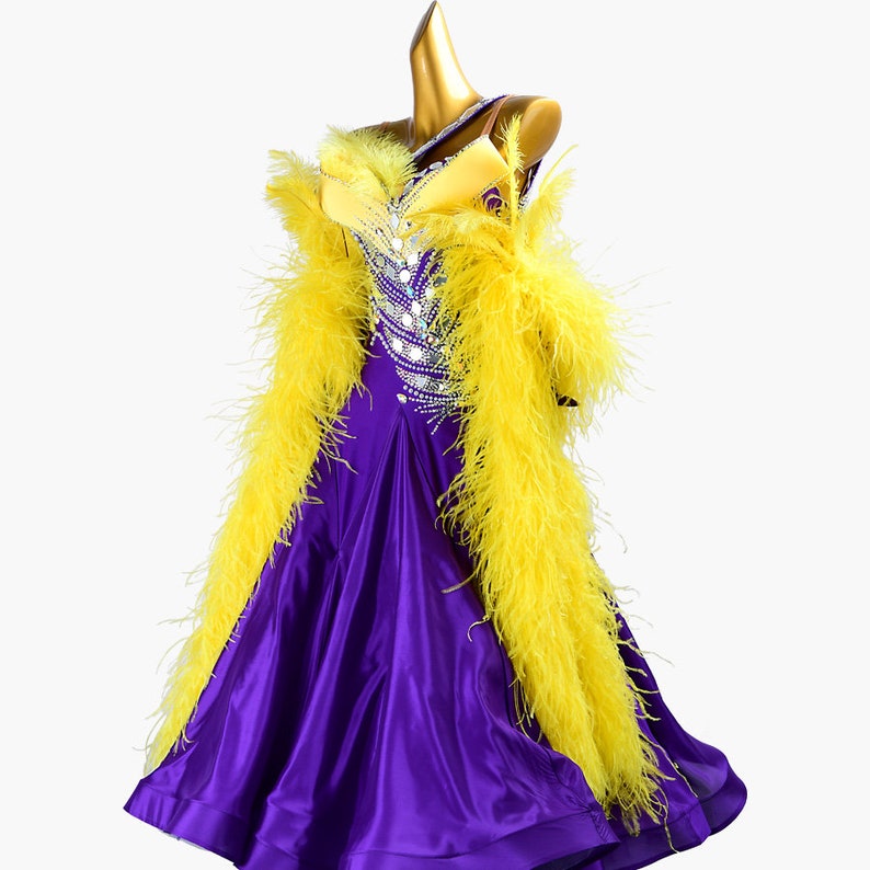 MINEJAS.PBPY004 Purple ballroom dress with Yellow ostrich feather, crystals, Sequins&satin