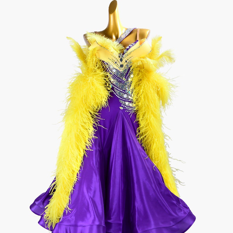 MINEJAS.PBPY004 Purple ballroom dress with Yellow ostrich feather, crystals, Sequins&satin