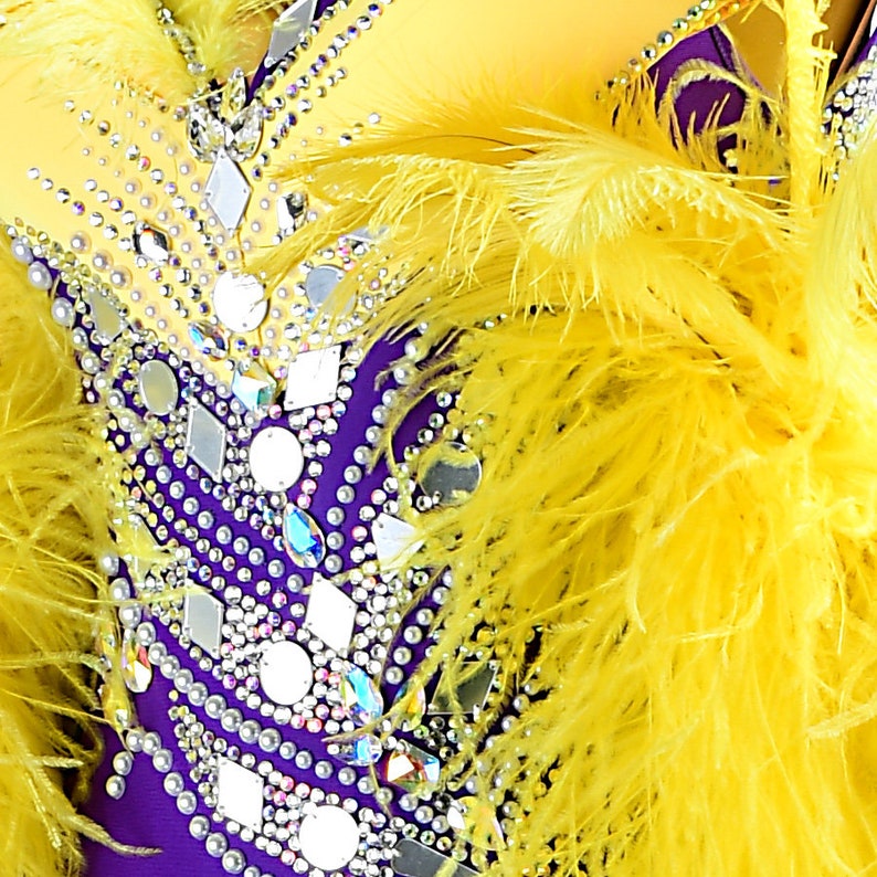 MINEJAS.PBPY004 Purple ballroom dress with Yellow ostrich feather, crystals, Sequins&satin