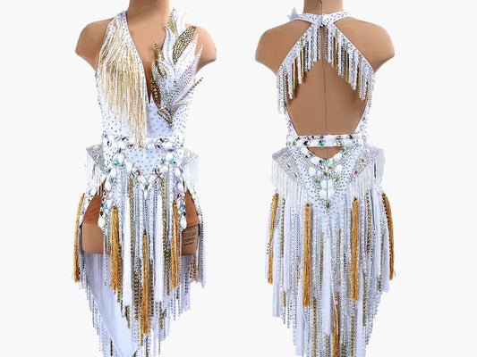 MINEJAS.PLWJ014 White sleeveless Kids Latin dress with beaded fringes, stone strings, tassels, 3D petalsfringe & crystals