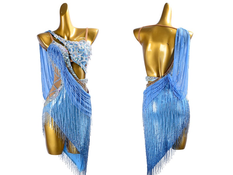 MINEJAS.PLB017 Cornflowerblue sleeveless Latin dress with beaded fringes, lace, sew-on stones & crystals