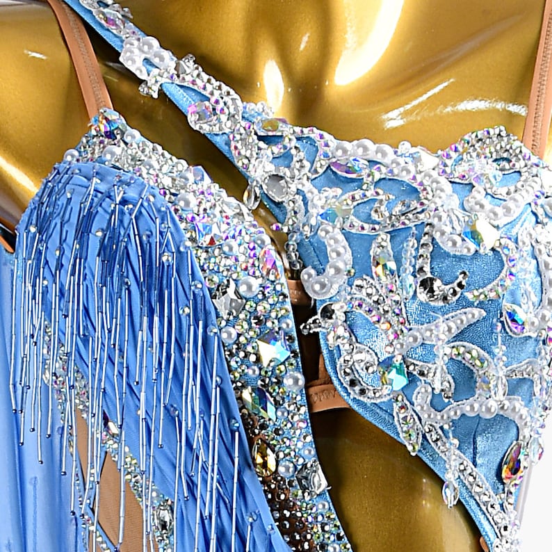 MINEJAS.PLB017 Cornflowerblue sleeveless Latin dress with beaded fringes, lace, sew-on stones & crystals