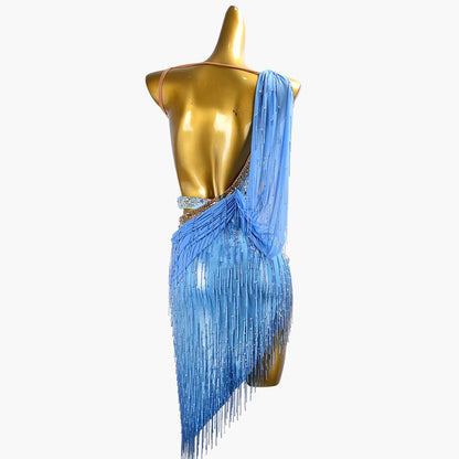 MINEJAS.PLB017 Cornflowerblue sleeveless Latin dress with beaded fringes, lace, sew-on stones & crystals