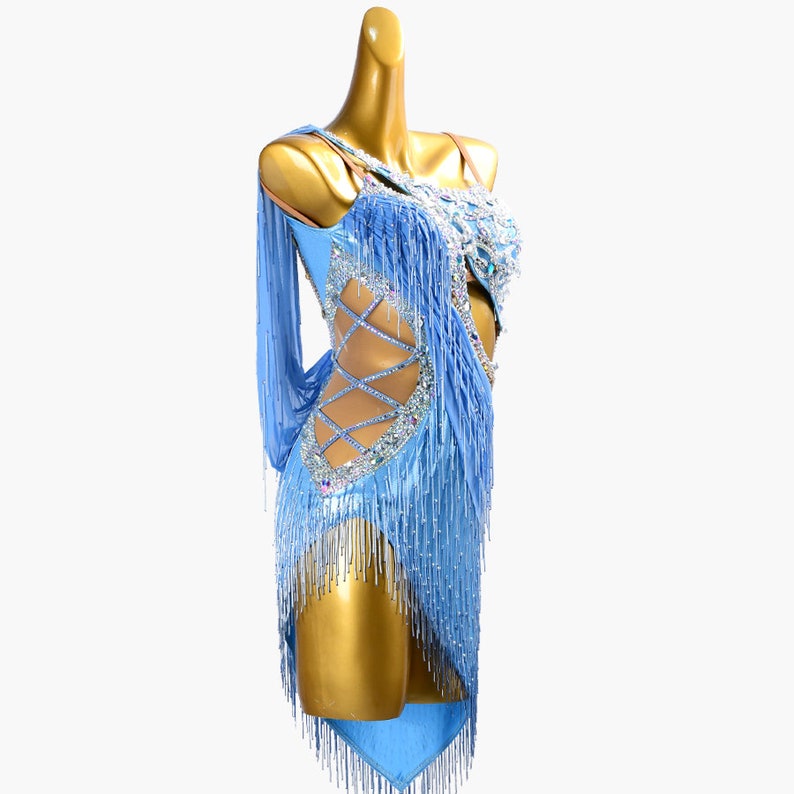 MINEJAS.PLB017 Cornflowerblue sleeveless Latin dress with beaded fringes, lace, sew-on stones & crystals
